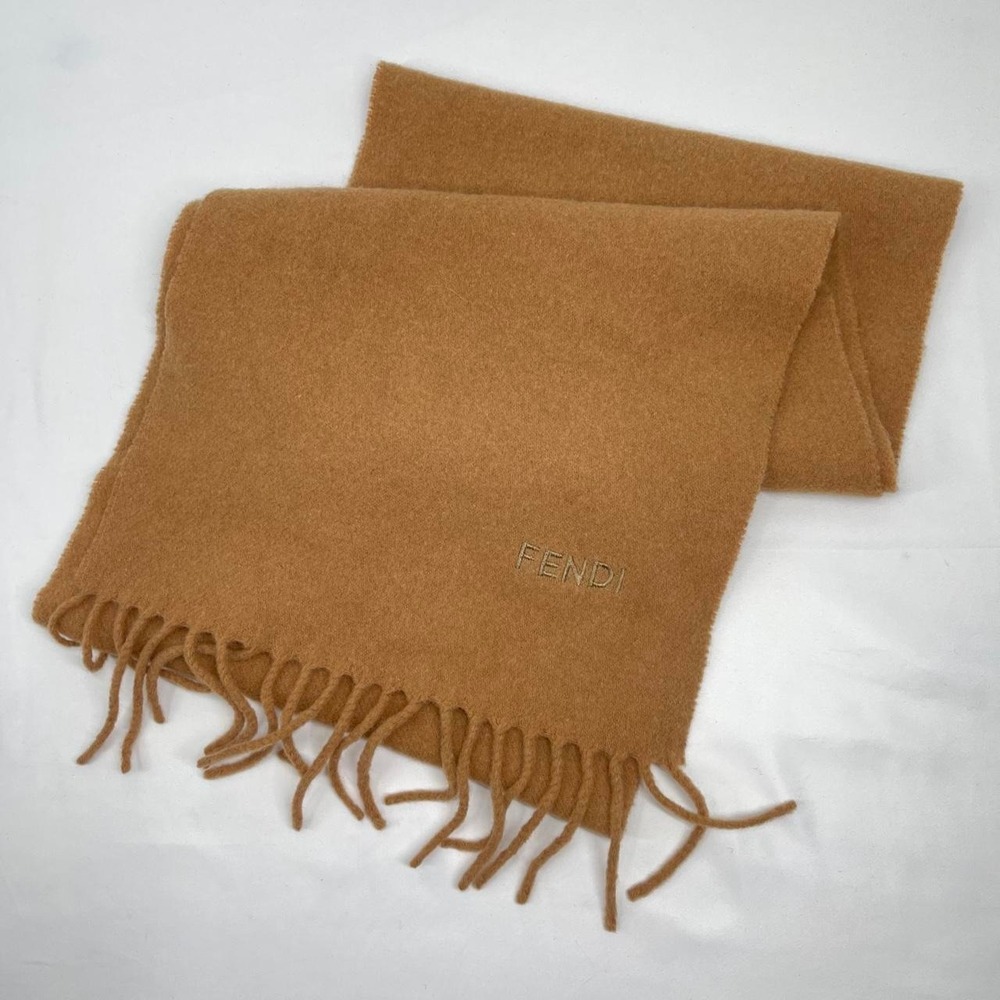 Vintage 90s Fendi Brown Wool Tassel Scarf Archival Embroidered Fall Quiet Luxury